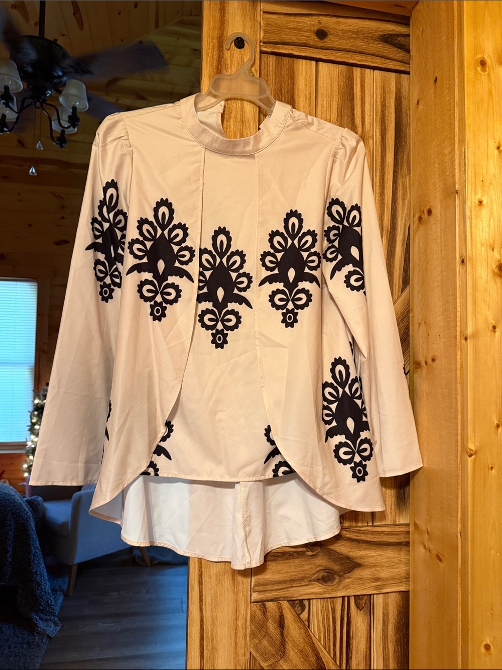 Ivory Long-Sleeve Tunic Top with Black Floral Motifs